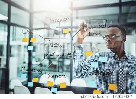 Businessman, writing and brainstorming mind map for strategy, planning or ideas on glass board at office. Serious man employee in business schedule or project plan of sticky note tasks at workplace 133034064