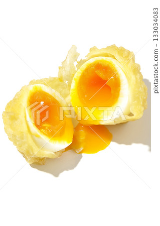 Soft-boiled egg tempura photographed alone on a white background 133034083