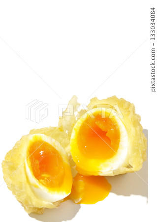 Soft-boiled egg tempura photographed alone on a white background 133034084