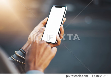 Woman, hands and phone mockup screen in city for communication, social media or texting outdoors. Hand of female on mobile smartphone display for networking, advertising or travel with mock up space 133034088