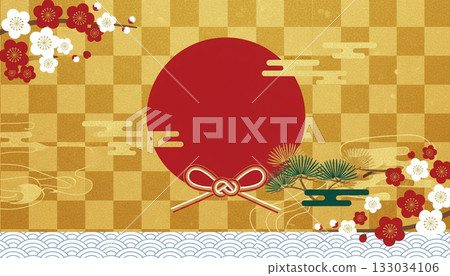新年之際,以金色方格圖案搭配紅色圓圈、梅花和松樹為主題,營造出華麗的視覺效果。 新年之際,以金色方格圖案搭配紅色圓圈、梅花和松樹為主題,營造出華麗的視覺效果。 133034106