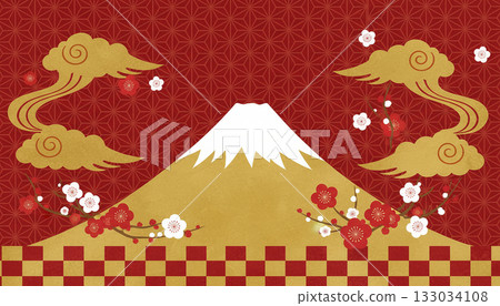 Golden Mt. Fuji and plum blossoms Japanese-style background (New Year's, auspicious, Japanese pattern design) 133034108