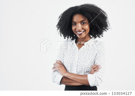 Business, smile and portrait of black woman with arms crossed in studio isolated on a white background mockup. Confidence, face and African female professional, entrepreneur or person from Nigeria. Business, smile and portrait of black woman with arms crossed in studio isolated on a white background mockup. Confidence, face and African female professional, entrepreneur or person from Nigeria. 133034127