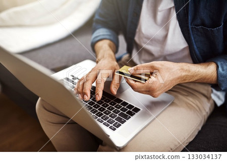 Hands, laptop and credit card for man, payment and online shopping with cybersecurity, tech and typing. Guy, computer and fintech on internet store for discount, sale and deal with banking password 133034137