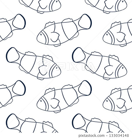 Clown fish seamless pattern in line art style. Background of undersea fish for logo design, menu, restaurant, seafood store. 133034148