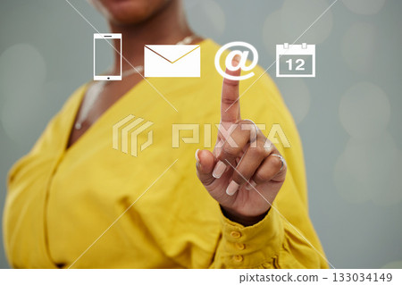 Woman, hands and hologram icons for email, global communication or social media in contact us. Hand of female person touching holographic icon of futuristic hud in networking or interactive dashboard 133034149