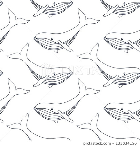 Humpback whale seamless pattern in line art style. Undersea animal background for summer beach design. Humpback whale seamless pattern in line art style. Undersea animal background for summer beach design. 133034150