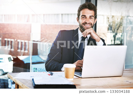 Laptop, portrait and business man in office, happy planning, online research or project management on web software. Smile, corporate and face of professional person working, startup job and computer 133034188