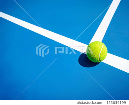 Tennis ball resting on blue outdoor hard court line Tennis ball resting on blue outdoor hard court line 133034199