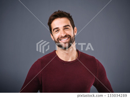 Happy, handsome or headshot portrait of a man isolated on studio background with confidence or smile. Model, mock up space or face of male person smiling with happiness or positive mindset in Italy Happy, handsome or headshot portrait of a man isolated on studio background with confidence or smile. Model, mock up space or face of male person smiling with happiness or positive mindset in Italy 133034289