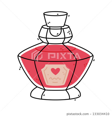 Potion Bottle and Glass Flask with Cork and Heart Vector Illustration 133034410