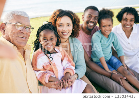 Selfie, big family and grandparents, parents and kids with smile in backyard, outdoor weekend fun together. Happiness, black men and happy women with children relax, quality time in garden in summer. 133034433
