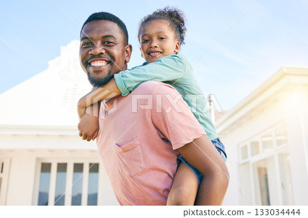Portrait, piggy back and black father with girl, happiness and quality time outdoor, fun and playful. Face, family or African American dad carry daughter, smile or bonding together, loving or outside Portrait, piggy back and black father with girl, happiness and quality time outdoor, fun and playful. Face, family or African American dad carry daughter, smile or bonding together, loving or outside 133034444