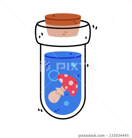 Potion Bottle and Glass Flask with Cork and Mushroom Vector Illustration Potion Bottle and Glass Flask with Cork and Mushroom Vector Illustration 133034445