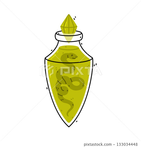 Green Potion Bottle and Glass Flask with Cork and Snake Vector Illustration 133034448