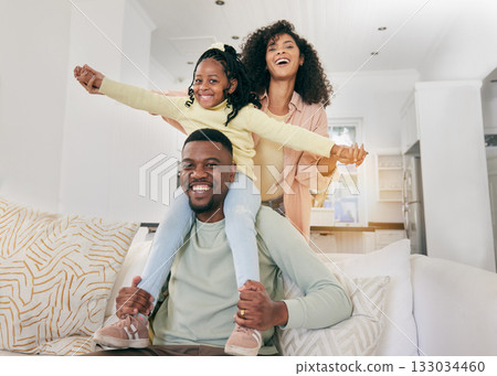 Portrait, love and black family on couch, quality time and happiness for bonding, loving and playing on weekend break. Face, parents and mother with father, female kid and child on sofa, smile or joy Portrait, love and black family on couch, quality time and happiness for bonding, loving and playing on weekend break. Face, parents and mother with father, female kid and child on sofa, smile or joy 133034460