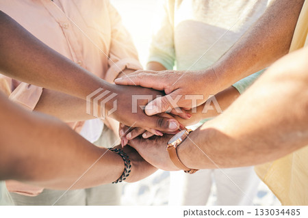 Group of people hands stacked outdoor for teamwork, community support and collaboration in prayer or faith. Circle of friends closeup with hand together sign for solidarity, praying and team building Group of people hands stacked outdoor for teamwork, community support and collaboration in prayer or faith. Circle of friends closeup with hand together sign for solidarity, praying and team building 133034485