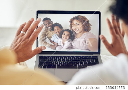 Laptop screen, video call and family, communication and love, grandparents wave with parents and children. Hands, face and care with technology and people with virtual chat, wellbeing and generations Laptop screen, video call and family, communication and love, grandparents wave with parents and children. Hands, face and care with technology and people with virtual chat, wellbeing and generations 133034553