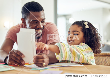 Home school, learning and father helping his child with flash cards, homework or studying. Education, knowledge and African man teaching his young girl kid with reading or an academic assignment. 133034585