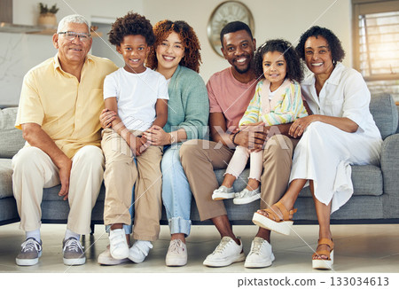 Family portrait, generations and love with trust and support at home, grandparents and parents with kids. Relax in living room, happy people together with unity and bonding, diversity and care Family portrait, generations and love with trust and support at home, grandparents and parents with kids. Relax in living room, happy people together with unity and bonding, diversity and care 133034613