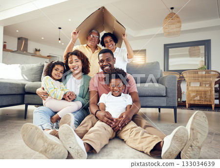 Family, generations and security, love and insurance for protection, grandparents and parents with kids. Portrait, happy people together in living room with unity and safety for life and home cover 133034639