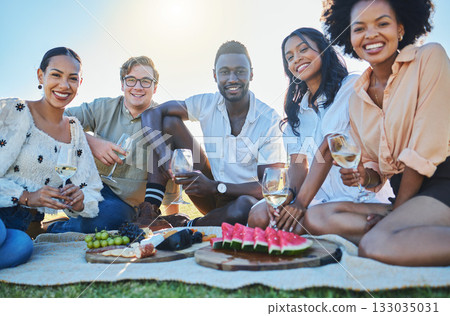 Wine, fruit or friends at picnic to relax or bond on summer holiday vacation at countryside on grass field. Portrait, trust or happy people eating fruits with drinks to celebrate a reunion in nature 133035031