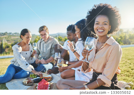 Portrait, black woman and friends with picnic, celebration and summer. Diversity, people and park party with food, drinks and conversation for bonding, loving and connection for break, event or smile 133035032