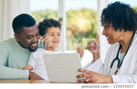 Pediatrician, father and child with thumbs up from patient results on a tablet with good news. Happy kid, dad and doctor in a clinic consultation office with a healthcare worker and smile in hospital Pediatrician, father and child with thumbs up from patient results on a tablet with good news. Happy kid, dad and doctor in a clinic consultation office with a healthcare worker and smile in hospital 133035057