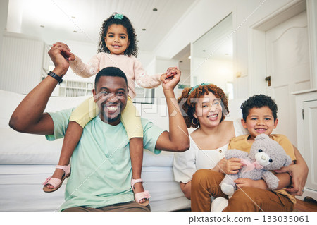 Black family, portrait and living room sofa of a mother, father and children with happiness. Happy, smile and bonding of a mom, dad and young kids together having fun with parent love and support Black family, portrait and living room sofa of a mother, father and children with happiness. Happy, smile and bonding of a mom, dad and young kids together having fun with parent love and support 133035061