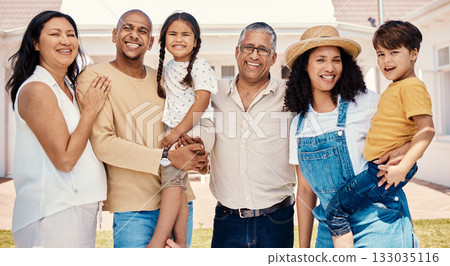 Portrait, family or children with parents, grandparents and grandkids standing outside in the garden of a home. Kids, love or summer and grandkids in the backyard with their senior relatives Portrait, family or children with parents, grandparents and grandkids standing outside in the garden of a home. Kids, love or summer and grandkids in the backyard with their senior relatives 133035116