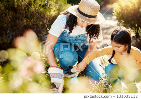 Love, mother and girl in garden, relax and happiness with bonding, loving and cheerful together. Family, mama and daughter outdoor, backyard and planting for growth, flowers and child development Love, mother and girl in garden, relax and happiness with bonding, loving and cheerful together. Family, mama and daughter outdoor, backyard and planting for growth, flowers and child development 133035118
