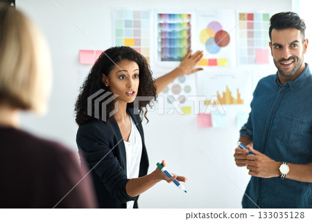 Presentation board, meeting and diversity business people planning, teamwork or brainstorming creative design. Designer, agency collaboration and cooperation team explain color choice, plan or ideas 133035128