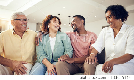 Family, parents and couple relax and happy on a sofa or couch in a living room in a home or house bonding. Laughing, joyful and senior people on retirement enjoying quality time together Family, parents and couple relax and happy on a sofa or couch in a living room in a home or house bonding. Laughing, joyful and senior people on retirement enjoying quality time together 133035144