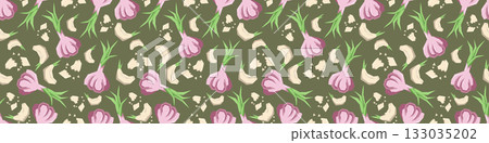 Garlic Seamless Pattern in Mid-Century Modern Retro Style with Bold Geometric Food Design 133035202