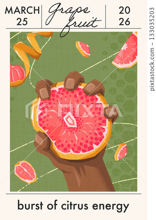 Grapefruit Mid-Century Modern Retro Poster with Citrus Texture and Vibrant Bold Geometric Flat Design Grapefruit Mid-Century Modern Retro Poster with Citrus Texture and Vibrant Bold Geometric Flat Design 133035203