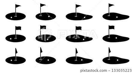 Set of vector illustrations of golf green and flag icons of various shapes 133035223