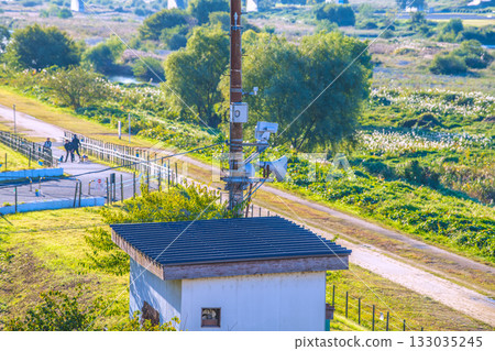 Tokyo cityscape in Japan: The Tama River in front of Futako Tamagawa Station. In the background is the district of tower apartments in front of Musashi-Kosugi Station. Watching over the Tama River... 133035245