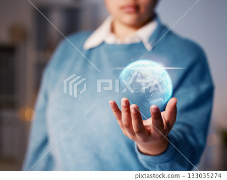 Business woman, hand or world hologram in night office on globalization trading, networking software or smart globe. Zoom, worker or employee and 3d earth, abstract or future international investment Business woman, hand or world hologram in night office on globalization trading, networking software or smart globe. Zoom, worker or employee and 3d earth, abstract or future international investment 133035274