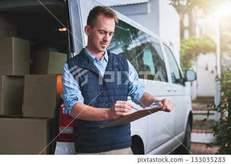 Documents, delivery and a courier man with his van, checking a clipboard for an order or address. Logistics, ecommerce and supply chain with a male driver reading an inventory checklist for shipping 133035283