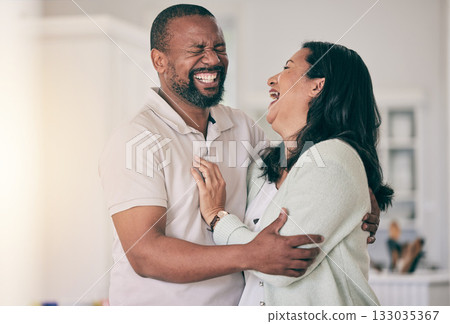 Senior black couple, home and laugh together with hug, happiness or relax for funny memory with love. Black man, woman and mature in house for embrace, comic time or bonding for comedy, happy or care Senior black couple, home and laugh together with hug, happiness or relax for funny memory with love. Black man, woman and mature in house for embrace, comic time or bonding for comedy, happy or care 133035367
