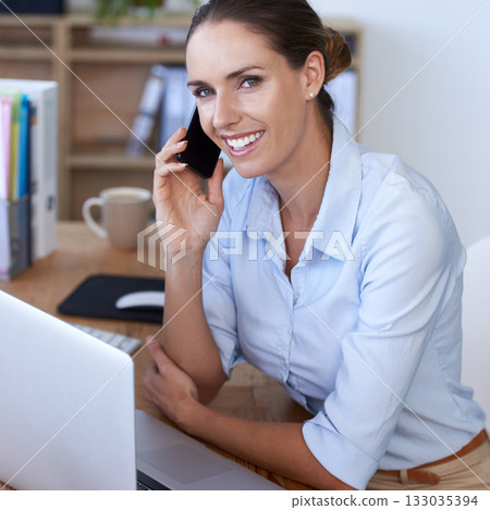 Portrait, phone call and happy woman at office laptop for planning, business consulting and communication. Female worker talking on smartphone at computer, networking and mobile contact for feedback 133035394