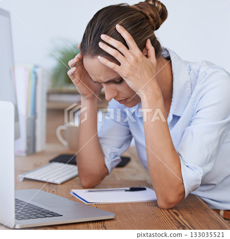 Headache, stress and confused woman in office with anxiety, tax crisis and laptop problem. Tired, burnout and frustrated female employee depressed with fatigue, pain and worried for business mistake 133035521