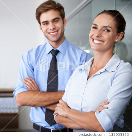 Portrait, happy business people and teamwork with arms crossed in office for collaboration, trust and about us. Face of man, woman and employees smile for corporate partnership, pride and confidence Portrait, happy business people and teamwork with arms crossed in office for collaboration, trust and about us. Face of man, woman and employees smile for corporate partnership, pride and confidence 133035523