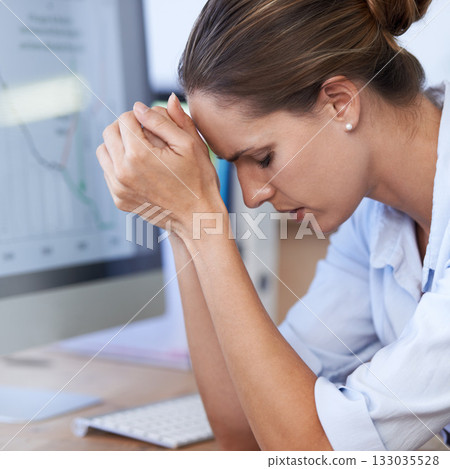 Frustrated woman, computer and stress in office for bankruptcy risk, stock market crash and financial crisis. Worried female worker with anxiety, business debt and depression for poor economy problem Frustrated woman, computer and stress in office for bankruptcy risk, stock market crash and financial crisis. Worried female worker with anxiety, business debt and depression for poor economy problem 133035528