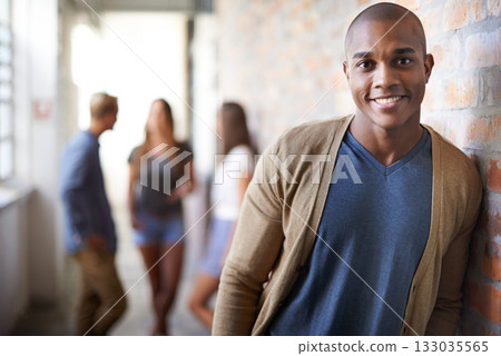 Education, university and portrait of black man with smile for motivation, knowledge and learning. College, academy scholarship and male student with friends on campus for studying, class and school Education, university and portrait of black man with smile for motivation, knowledge and learning. College, academy scholarship and male student with friends on campus for studying, class and school 133035565