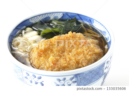 Kakesoba noodles with croquettes on a white background 133035606