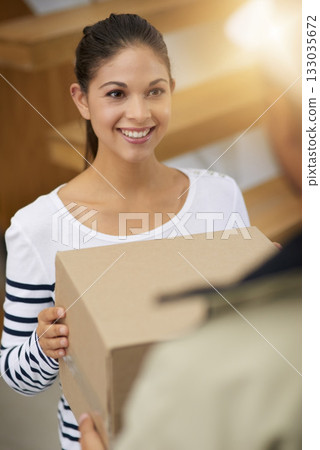 Delivery, box and woman with shipping service, courier or supplier and get a package in a cardboard from distribution. Mail, happy and female person or customer smile for shipment order from home Delivery, box and woman with shipping service, courier or supplier and get a package in a cardboard from distribution. Mail, happy and female person or customer smile for shipment order from home 133035672