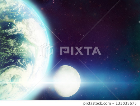Earth, space and moon rotate in dark for astronomy study, science and light in universe. 3d sphere, sunrise and shine in sky with copyspace for mockup, ocean and glow in solar system, world or cosmos 133035673