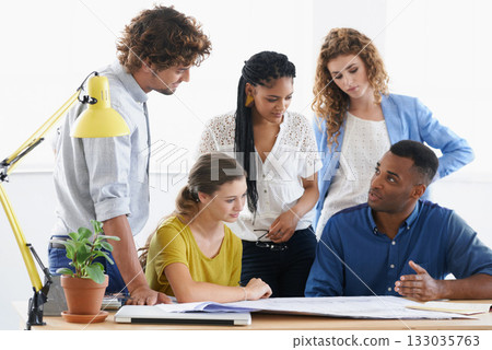 Business people, blueprint and meeting in teamwork construction, planning or collaboration at the office. Architect group working on paperwork for architecture project or floor plan at the workplace Business people, blueprint and meeting in teamwork construction, planning or collaboration at the office. Architect group working on paperwork for architecture project or floor plan at the workplace 133035763