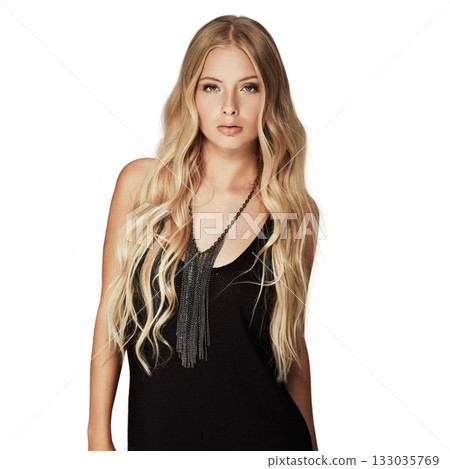 Portrait, fashion and beauty of a woman in studio for makeup, cosmetics and hair extensions. Face of female aesthetic model with natural glow, style and seductive pose isolated on a white background 133035769